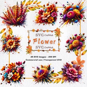 Watercolor Flower SVG Bundle, 38 Floral Clipart, Digital Flower Paper & Design, Watercolor Patterns for Crafting