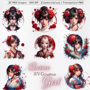 Anime Girl PNG Bundle – 20 High Quality Kawaii Aesthetic Stickers for Sublimation, Journaling, Digital Art