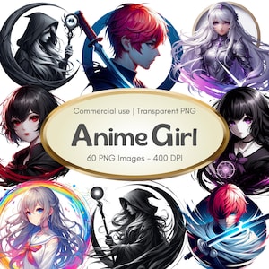 Anime Girl PNG Bundle – 60 High Quality Kawaii Aesthetic Stickers for Sublimation, Journaling, Digital Art