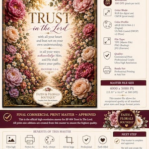 Puede incluir: Un archivo de impresión digital titulado BF-004 Trust in the Lord, con un camino de piedra rodeado de peonías rosas, melocotón y blancas. El texto incluye Proverbios 3:5-6, especificaciones de archivo, 300 DPI y 33,86 por 42,34 cm.