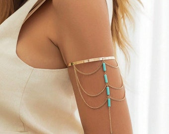 Minimalist Arm Cuff, Gold Arm Band,Vintage Gold Color Arm Bracelet For Women, Charm Tassel & Cane Shaped Bangle Party