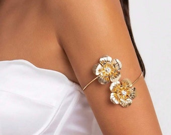 Flower Arm Cuff Upper Armband Cuff Bangle Bracelet Womens Silver Gold Adjustable Armband Setflower Arm Cuff Rhinestone Arm Bracelet Crystal