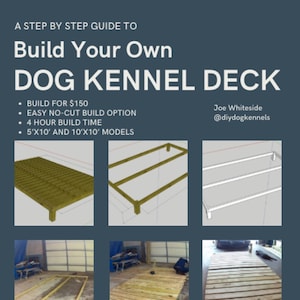 Puede incluir: Una guía paso a paso para construir tu propia plataforma de caseta para perros. La guía incluye instrucciones para dos tamaños: 5'x10' y 10'x10'. Las imágenes muestran el proceso de construcción, desde el marco hasta la plataforma terminada.
