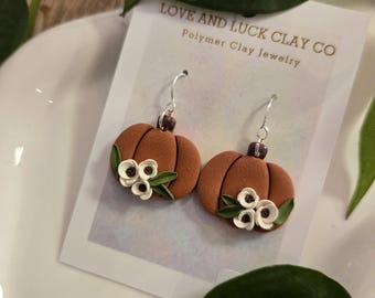 Floral Pumpkin Earrings – Handmade Polymer Clay Fall Jewelry