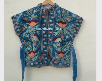 Velvet Suzani Vest: Floral Embroidered Kantha Jacket