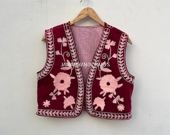 Hand Embroidered Velvet Suzani Vest: Boho Floral Short Coat