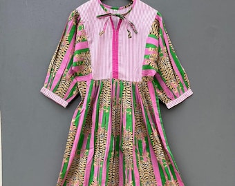 Handmade Tiger Print Cotton Midi Dress, Floral Block Print