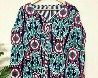Giacca trapuntata in cotone con stampa a blocchi: cappotto da donna fatto a mano in stile boho