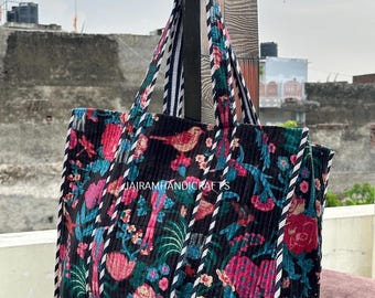 Quilted Cotton Velvet Tote Bag: Indian Handmade Ethnic Shopping Bag