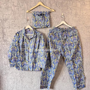 3 pc Indian Handmade 100% Cotton Pajama Set Night Wear