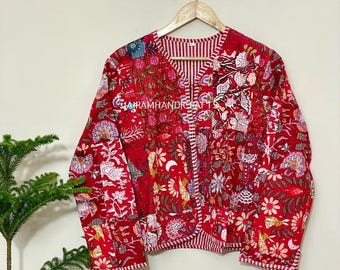 Giacca trapuntata floreale in cotone: cappotto Kantha boho reversibile