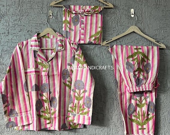 Block Print Cotton Pajama Set: Pink Loungewear, Bridal Party PJs