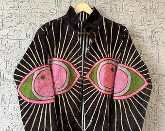 Hand Embroidered Velvet Jacket: Boho , Handmade Vintage, Floral print Suzani Jacket