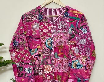Giacca trapuntata patchwork rosa: cappotto reversibile in cotone floreale fatto a mano