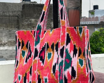 Handmade Kantha Quilted Tote Bag: Reversible Velvet & Cotton Shopper