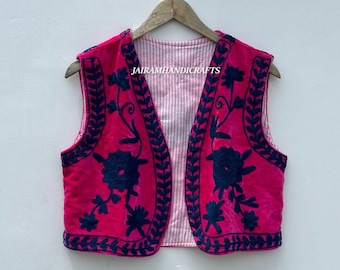Samt Spiegel Arbeitsweste - Boho bestickte Weste, ärmellose Festival Jacke