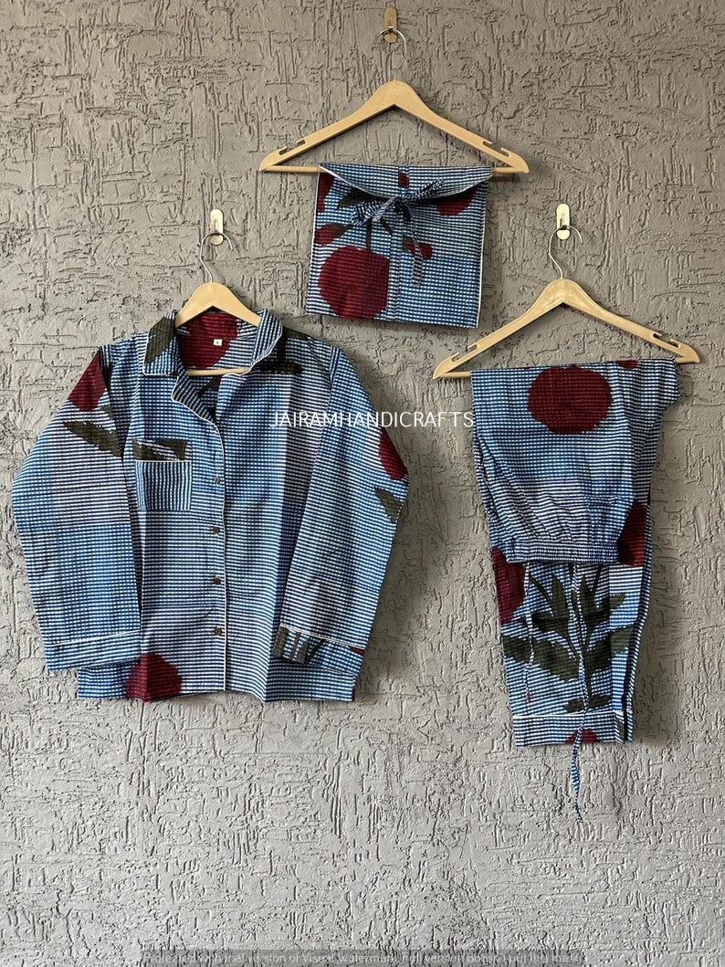 Handgjort pyjamasset i bomull med blocktryck: Mjuka indiska nattkläder bild 1