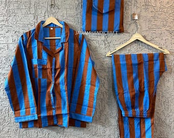 Stripe Print Cotton Pajama Set: Indian Floral Nightwear