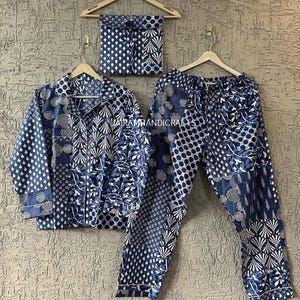 Conjunto de pijama de algodão com estampa artesanal em bloco | Roupa de dormir indiana floral de 3 peças com bolsa