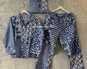 Handgjort bomullspyjamaset: Blocktryckt boho loungewear med påse