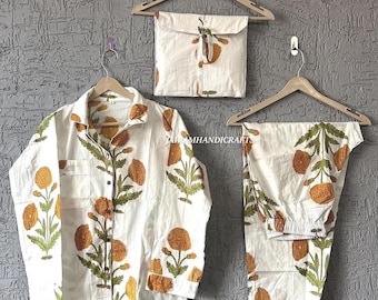 Hand Block Printed Cotton Pajama Set: Flower Print Sleepwear