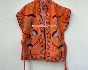 Handmade Velvet Suzani Vest, Embroidered Kantha Jacket