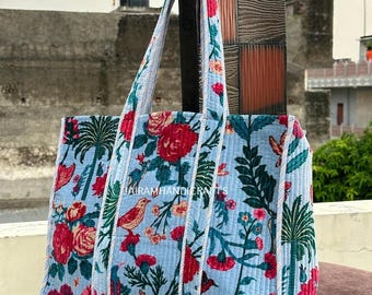 Bird Print Handmade Quilted Cotton Velvet Tote Bag: Ethnic Hippie Market Bag