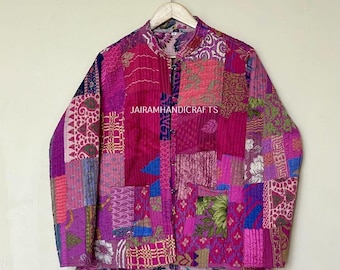 Giacca trapuntata in cotone patchwork fatta a mano: cappotto boho reversibile