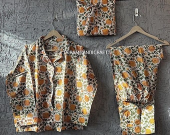 Handgjort bomullspyjamaset: Blocktryckt boho loungewear med påse