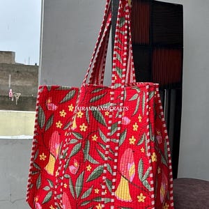 Red Floral Print Quilted Cotton Tote Bag: Reversible Kantha Shoulder Bag