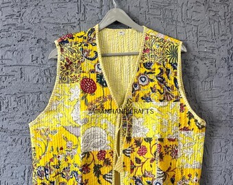 Chaleco acolchado reversible hecho a mano: Chaqueta bohemia con estampado de bloques indios