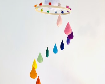 Cascading Rainbow Raindrops (x12) + Cloud Felt Baby Nursery Mobile - Neutral - Nursery Decor