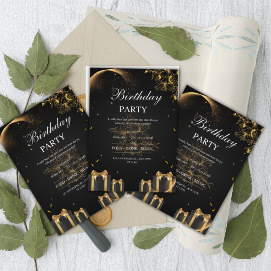 Black and Gold Elegant Birthday Party Invitation, Party Invite ...