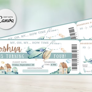 Carte d'embarquement, invitation avion, invitation d'anniversaire, avions, billet pour une soirée inviter garçons enfants, toile numérique éditable, 8,5 x 2,75 pouces