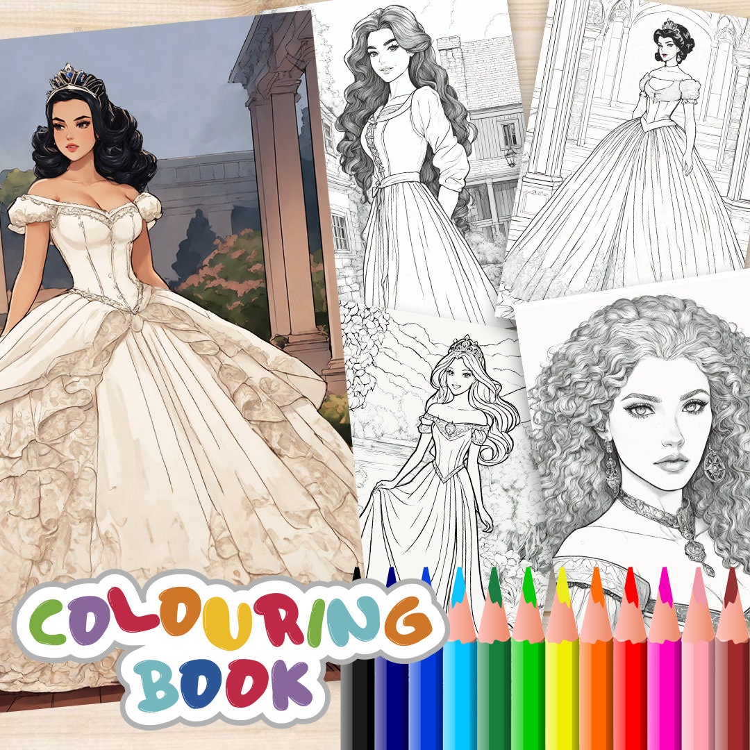 Princess Coloring Pages, 10 Digital Downloads, Beautiful Portraits