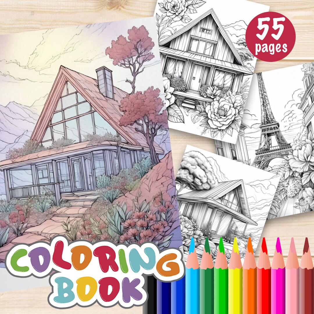 55 Country Cottages Coloring Pages, House Coloring Book, Adult Coloring ...