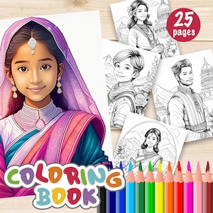25 Indian Coloring Pages, Coloring Book for Girls and Boys, Adult Coloring Books for Kids, Digital Downloads for Kids, and for Adults.