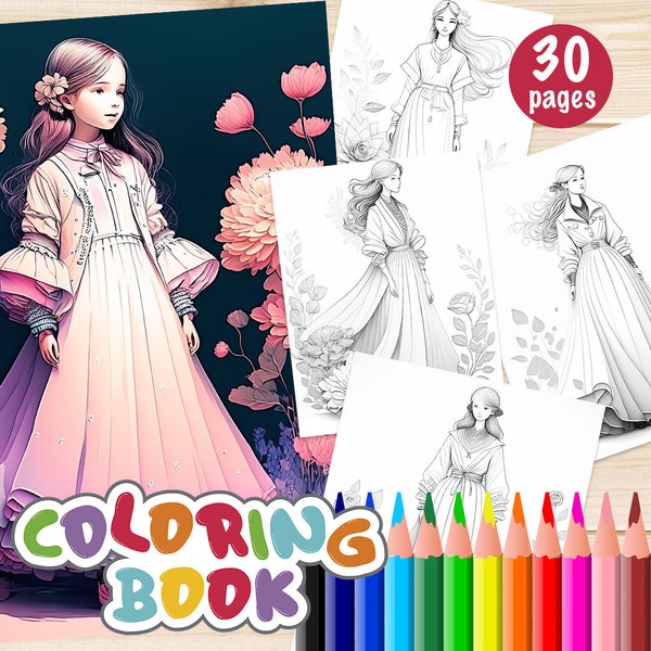 30 Girls on Floral Dress Coloring Book, Printable Fashion Dress Coloring Pages, Magical Flowers Coloring Book for Adults, Kids, Toddlers