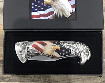 Treasure Gurus Messer mit USA-Flagge und amerikanischem Weißkopfseeadlerkopf