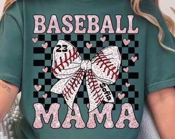 Custom Baseball Mama Shirt Checkered Baseball Bow Mom Era Sports Tee Retro TShirt Cute Ballpark Gameday Personalized Team Mother's Day Gift