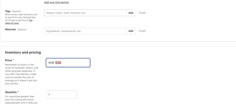 May include: Screenshot of an Etsy listing form with fields for tags, materials, price, and quantity. The price field shows AU$ 0.32 and the quantity field shows 1.