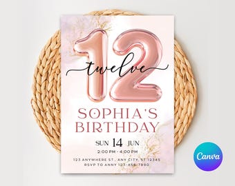 Editable 12th Birthday Invitation for Girls, Pink Blush Twelfth Birthday Party Invite, Canva Template, Printable Digital Invitation