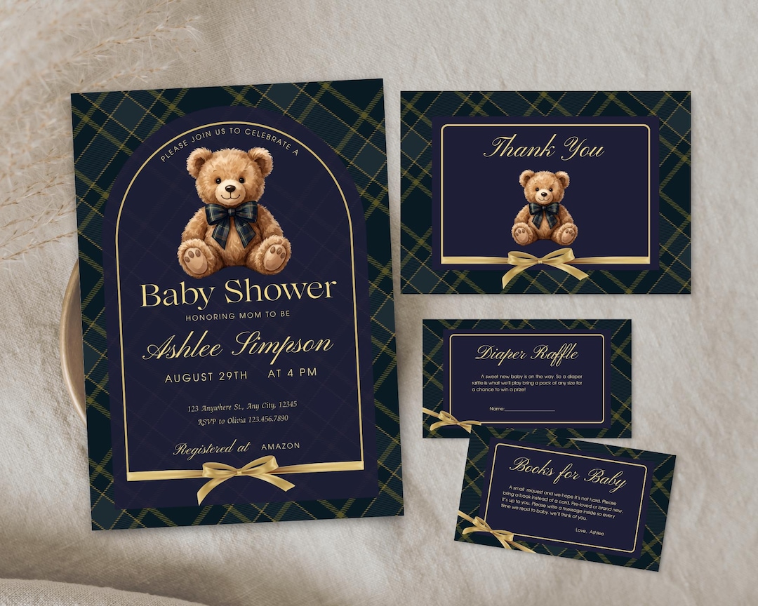 Editable Luxury Bear Baby Shower Invitation & Cards Bundle, Plaid Polo ...