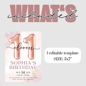 Editable 11th Birthday Invitation for Girls, Pink Blush Eleventh Birthday Party Invite, Canva Template, Printable Digital Invitation image 3