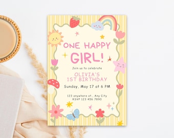 One Happy Girl Pastel Garden Party, First Birthday Girl Invitation, Editable in Canva, Butterfly Strawberry Gingham Invite OHG1