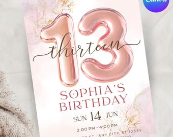 13th Birthday Invitation Template for Girls, Thirteen Pink Birthday Invitation, Editable Teen Girl Birthday Invite, Soft Blush Design