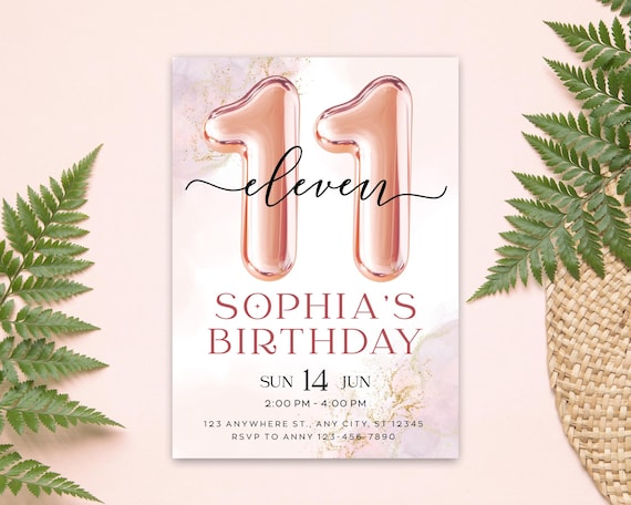 Editable 11th Birthday Invitation for Girls, Pink Blush Eleventh Birthday Party Invite, Canva Template, Printable Digital Invitation