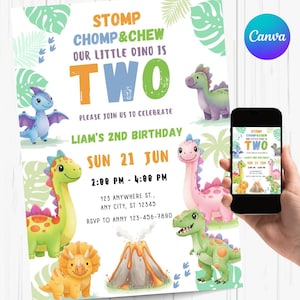 May include: A colorful dinosaur-themed birthday invitation with the text "STOMP CHOMP & CHEW OUR LITTLE DINO IS TWO." The invitation includes illustrations of various dinosaurs, a volcano, and the party details. A phone displays the same design.