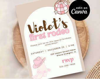 Cowgirl First Birthday Invitation Template | Canva Editable Template | Disco Rodeo Party Invites | Instant Download | Western Editable File