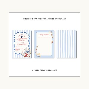 Peut inclure: Un mod&egrave;le d'invitation d'anniversaire avec un design &agrave; rayures bleues et blanches. L'invitation comprend une page de garde avec le texte "a Fantasmic Birthday Party" et "Emmy Leigh". Le mod&egrave;le comprend 2 options pour le verso de la carte.